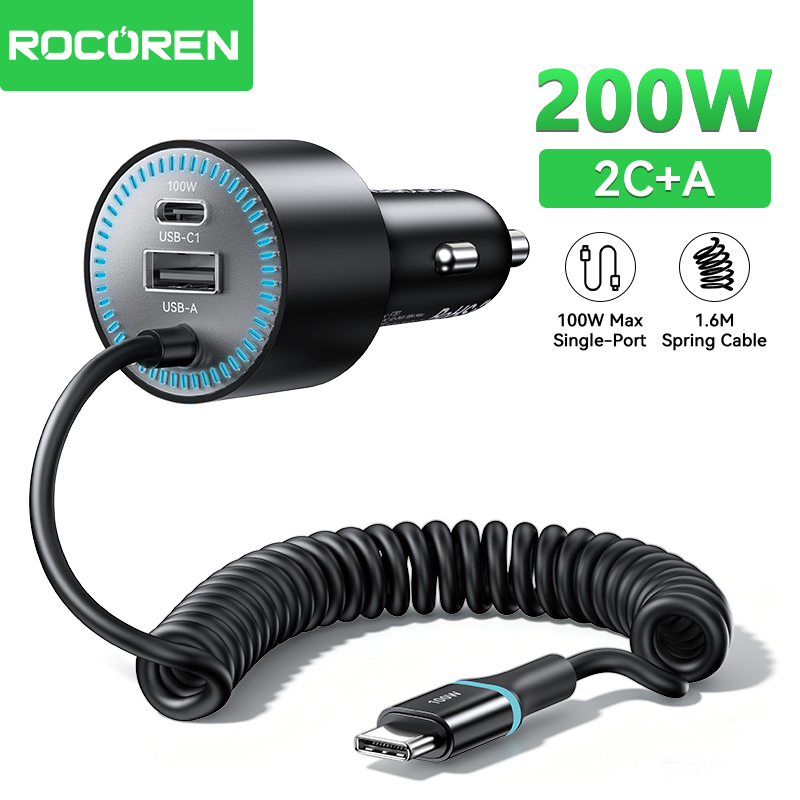 Cable Lock Laptop - Rocoren ที่ชาร์จในรถยนต์ 200W ชาร์จเร็ว PD100W USB